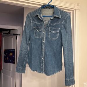 Theory western style denim shirt jacket with pearl snaps size women small